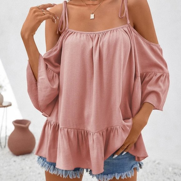 Dusty Pink Boho Womens Cold Shoulder Ruffle Hem Solid Blouse - Picture 5 of 5